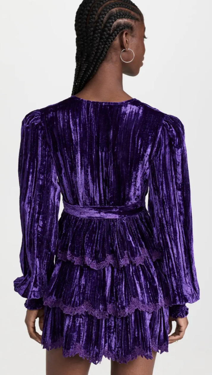 Reha Plunged Ruffle Dress in Purple Velvet