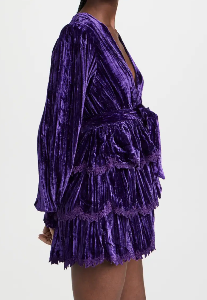 Reha Plunged Ruffle Dress in Purple Velvet