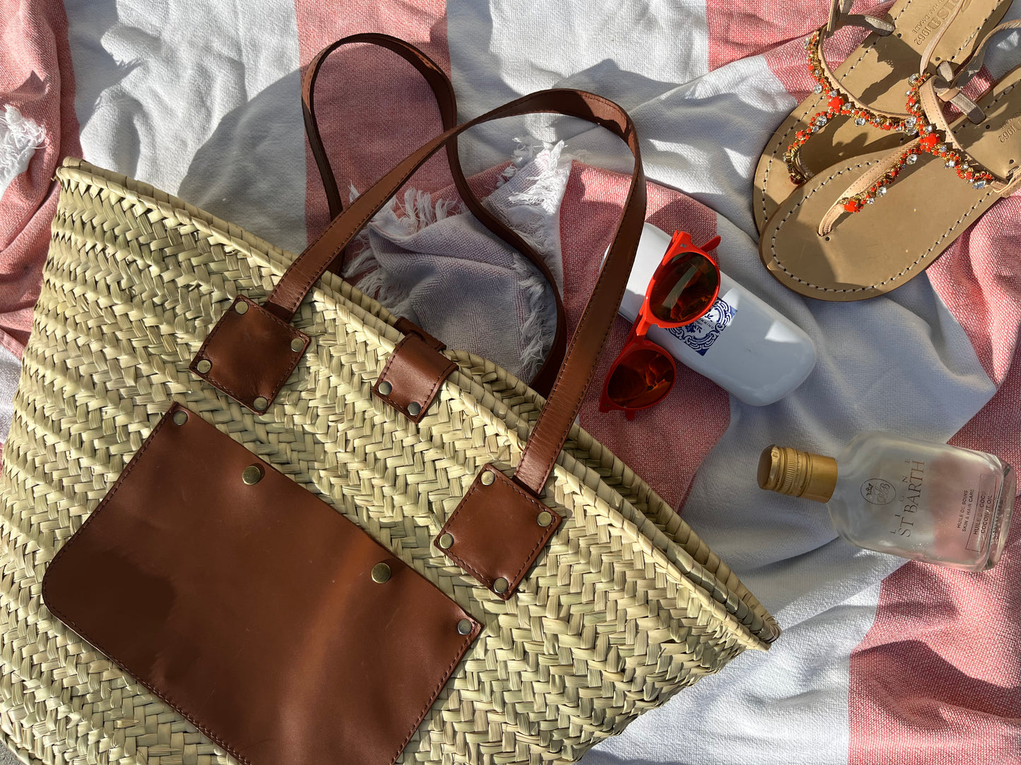 Straw Beach Bag With Leather Exterior Pocket