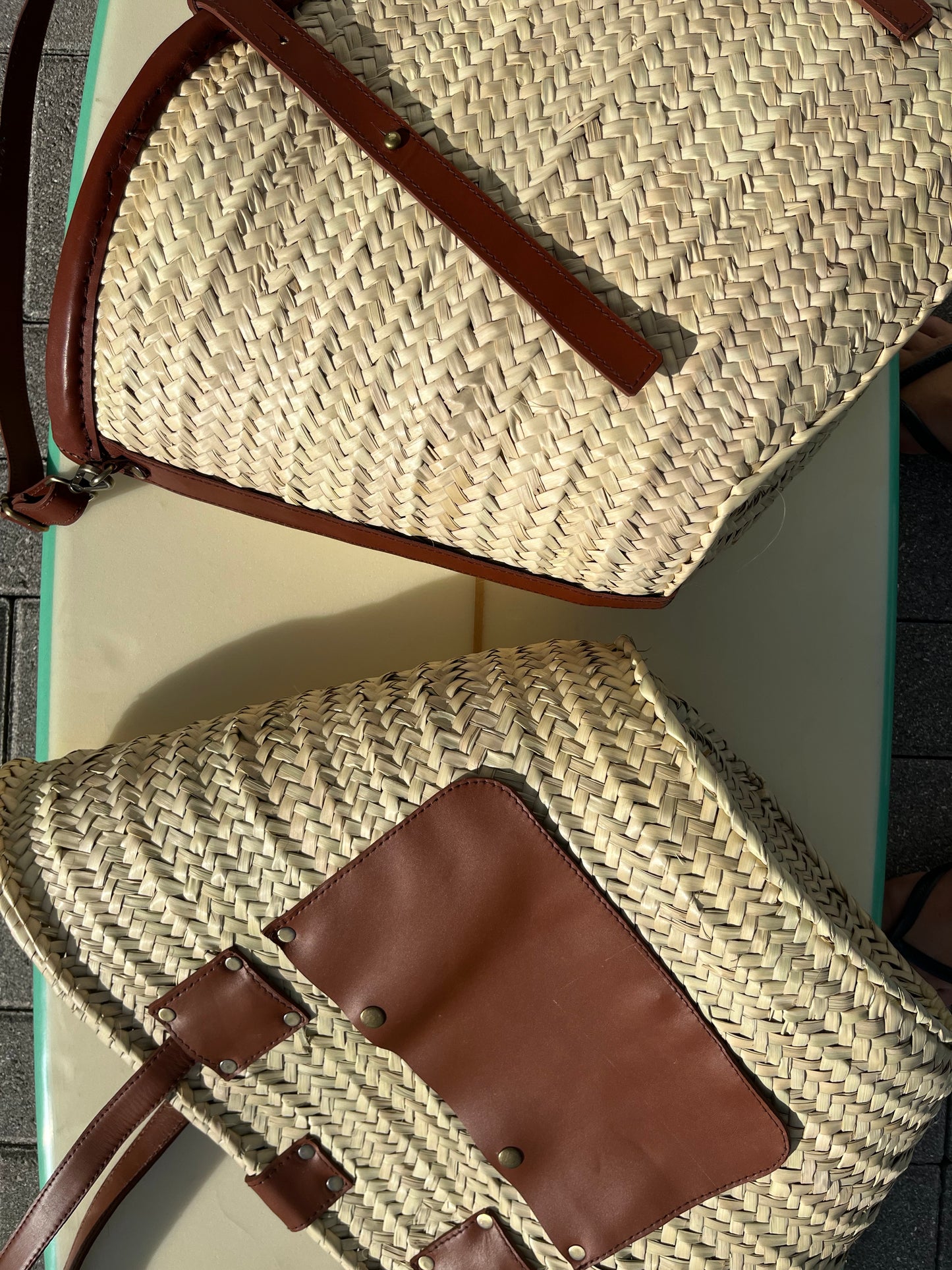 Straw Beach Bag With Leather Exterior Pocket
